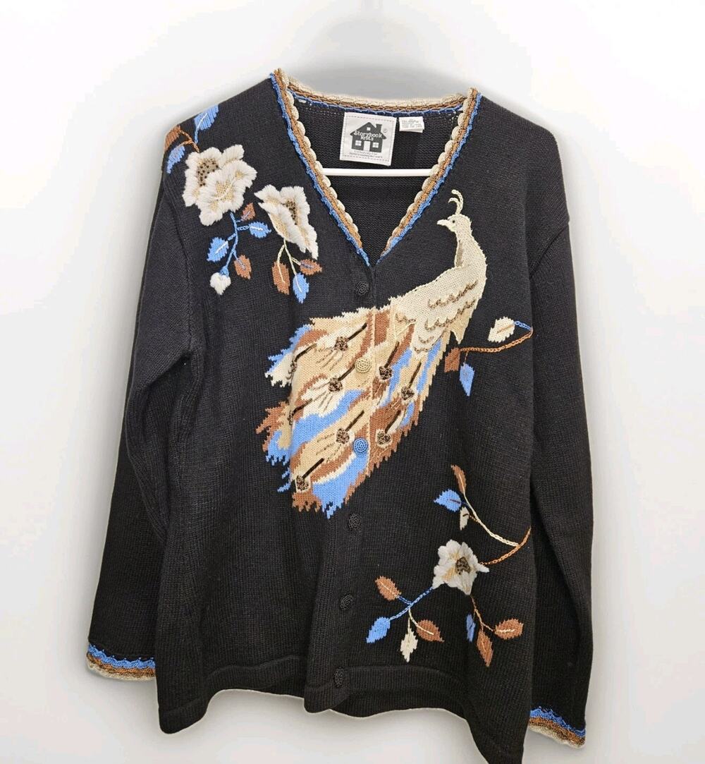 LN Vintage 90s Storybook Knits "Peacock and Peonies" Cardigan Sweater Sz M Fall